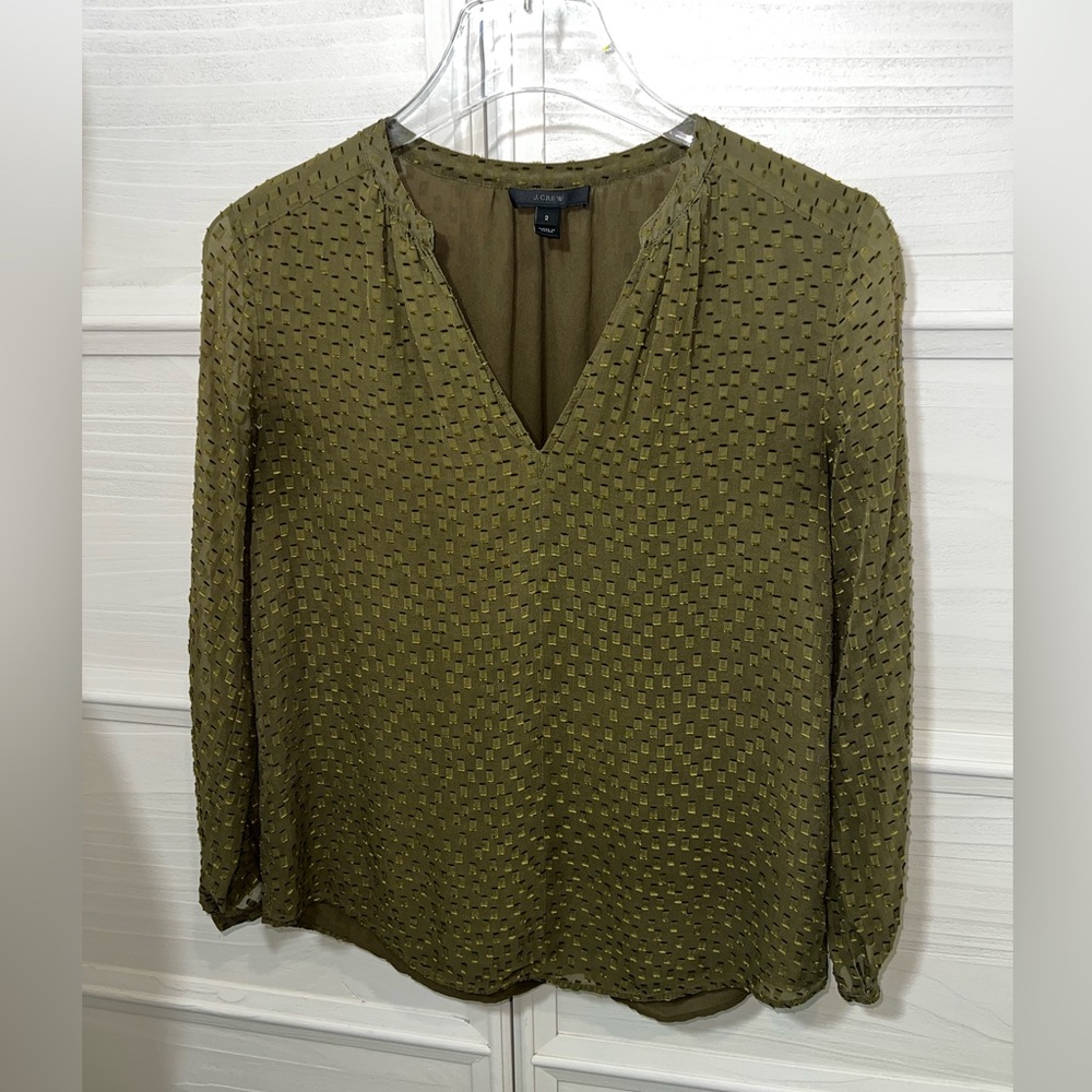 J. Crew Textured Green 3/4 Sleeve Silk Blend Blouse Sz XS